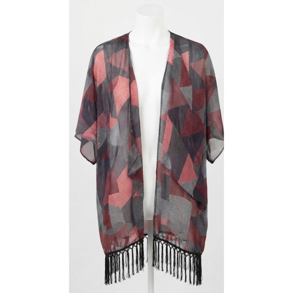 LuLaRoe Geometric Print Kimono Cardigan L Cover Up Fringe Bohemian‎ Festival